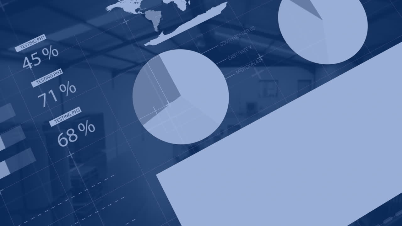 Animazione di elaborazione dati statistici con vista su un magazzino
