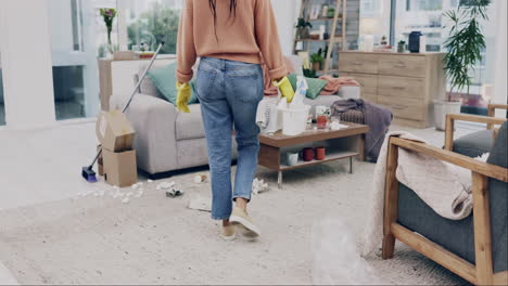 Cleaning,-trash-and-equipment-with-woman-in-living