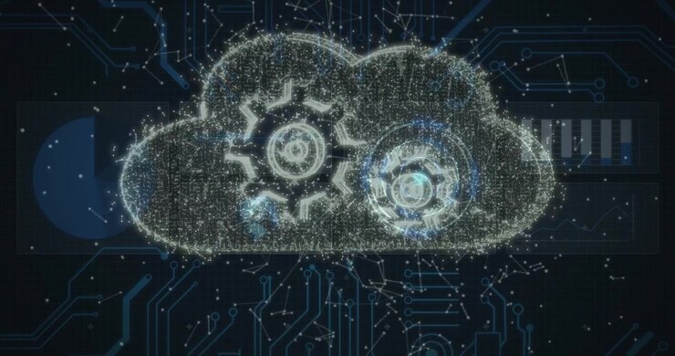 Drifting data points forming cloud with gear and cog pulsing dissolving over circuit backdrop