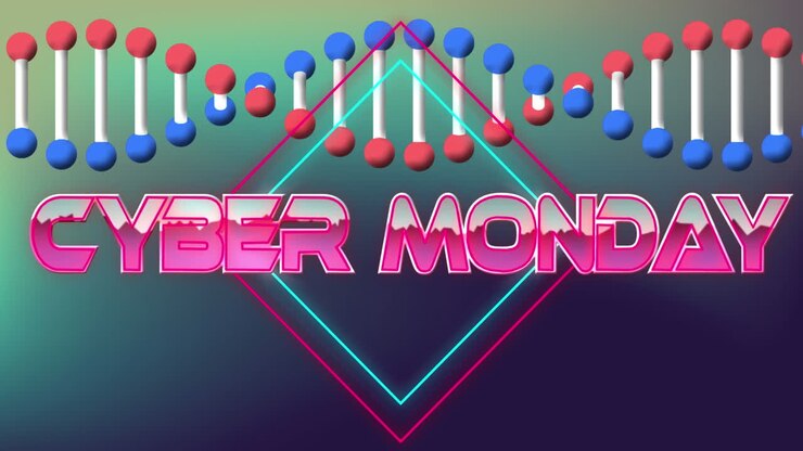 Animation of cyber monday text over dna strand and shapes