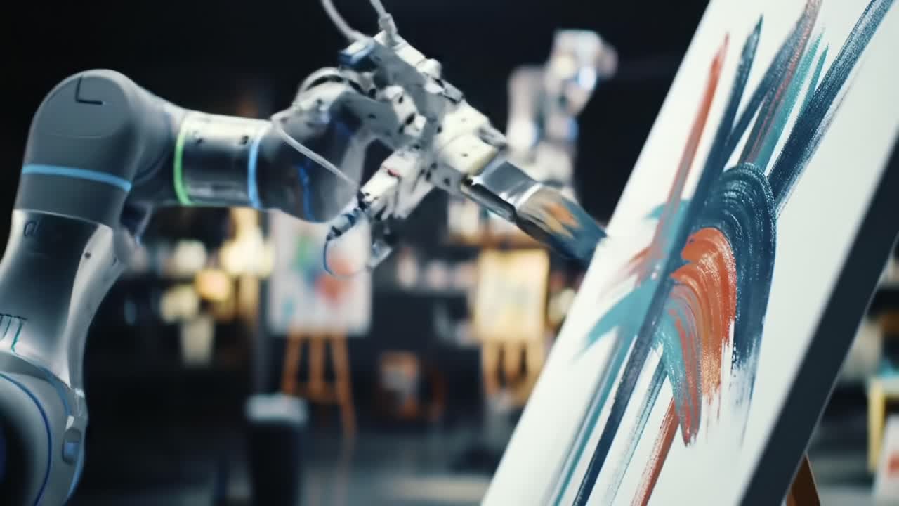 An Innovative Robotic Arm Creating a Colorful Abstract Painting in a Creative Studio Environment, Showcasing the Intersection of Art and Technology