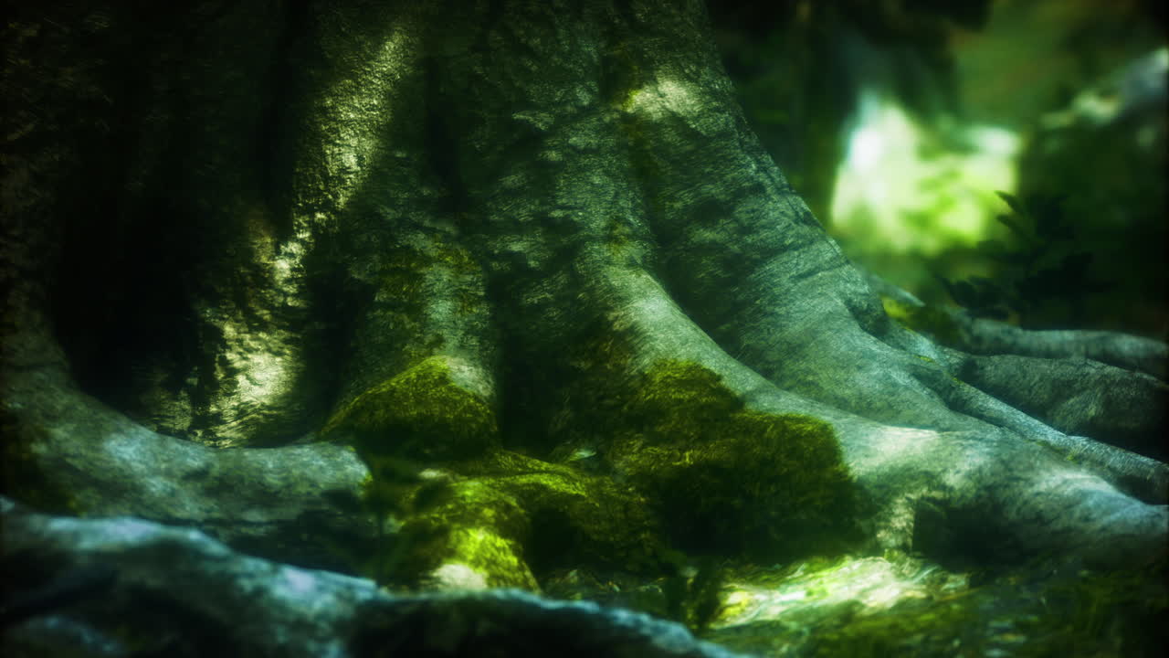Majestic tree roots covered in moss in a serene forest setting during daylight