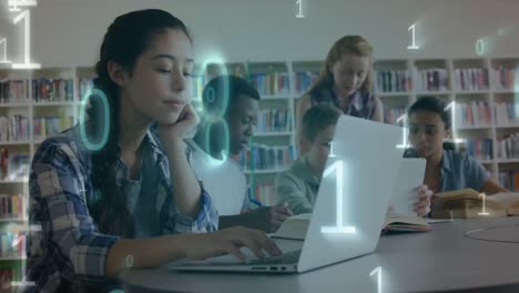 escolares usando computadoras mientras los números binarios se mueven