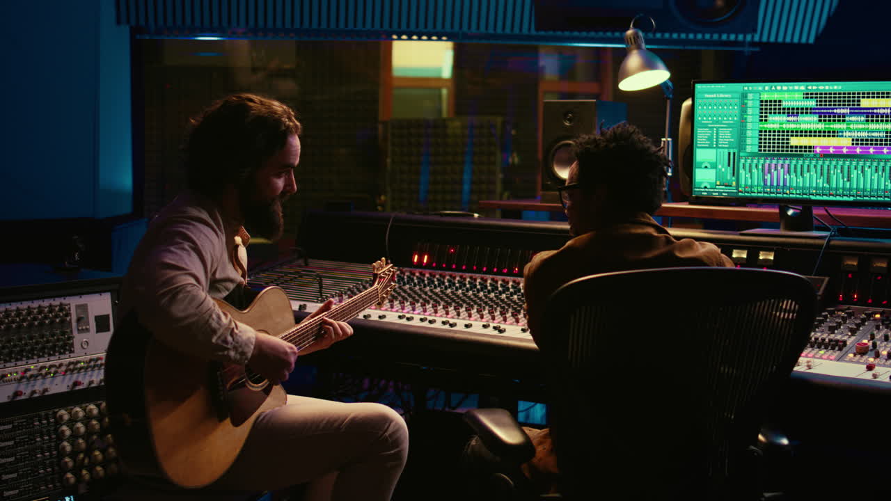 Guitarist recording his electro acoustic guitar tunes on audio editing software