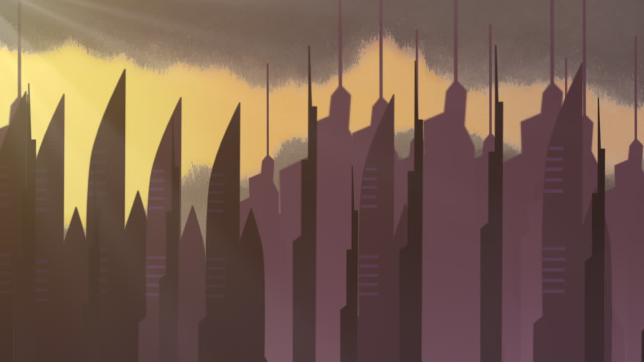 Cartoon animation background with motion clouds and buildings abstract cityscape backdrop 1