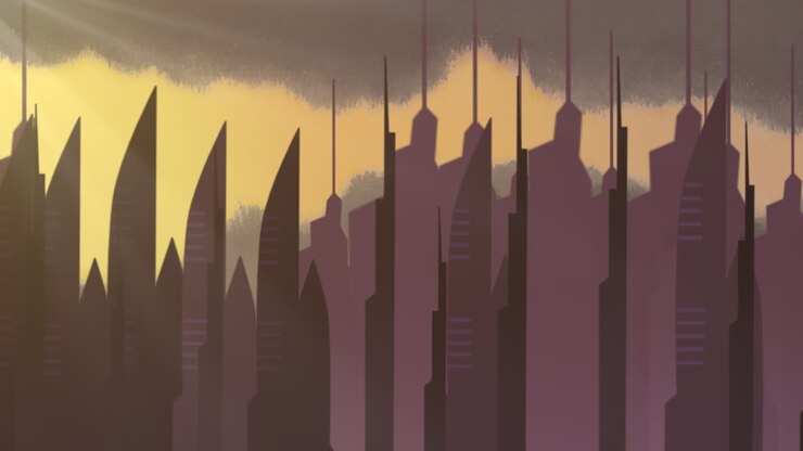 Sfondo animato a cartoni animati con nuvole in movimento e edifici, paesaggio urbano astratto 1