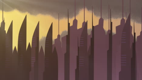 fondo de animación de dibujos animados con nubes de movimiento y edificios fondo de paisaje urbano abstracto 1