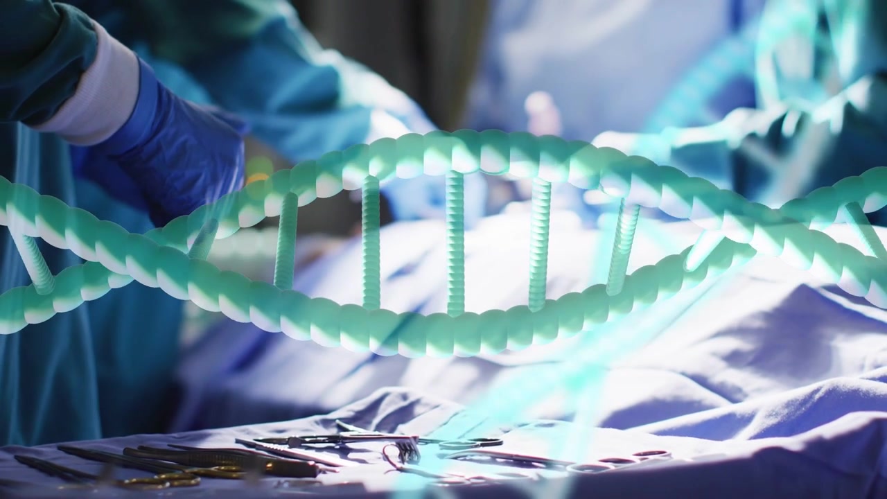 Chirurgické ruce sahají pro tác, rovnají kleště na roušce a připravují se, zatímco se DNA šroubovice vznáší nad rukama.