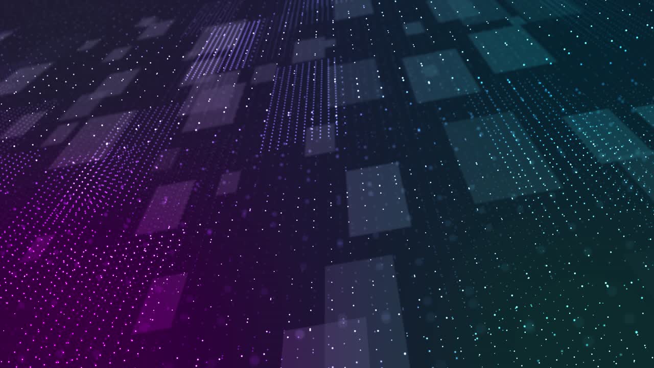 Abstract animation of futuristic microchip composed of vibrant glowing particles data transfer