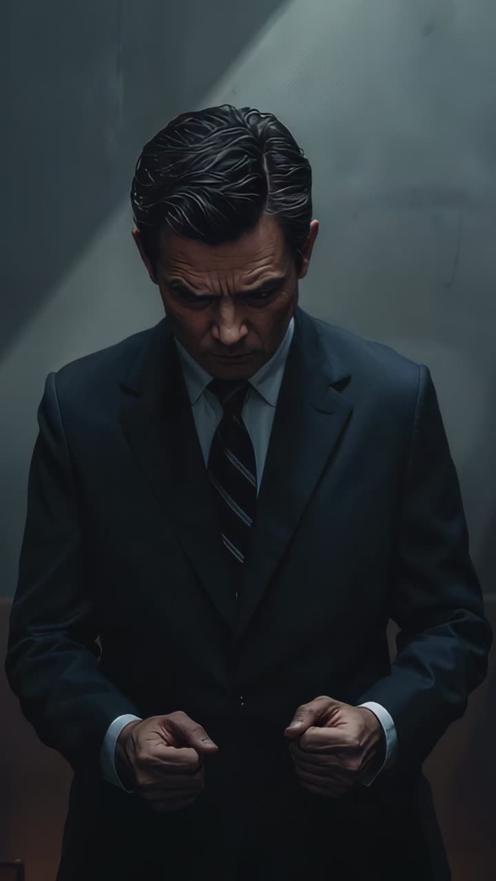 Vertical video: Raising head from bow, man in suit meeting gaze in room with clenched hands tie