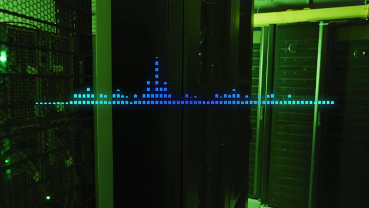 Soundwave animation overlaying green-lit server room environment with blue tones