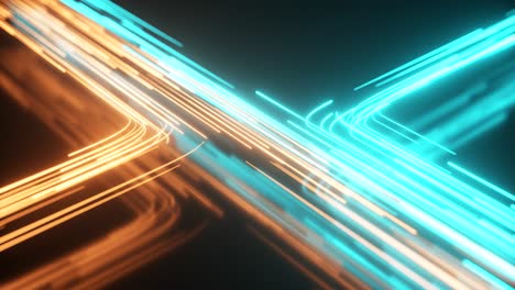 corriente de neón azul y naranja. fondo curvo abstracto de alta tecnología. textura creativa a rayas. transferencia de información en un ciberespacio. rayos de luz en movimiento. renderizado 3d de bucle sin costuras.