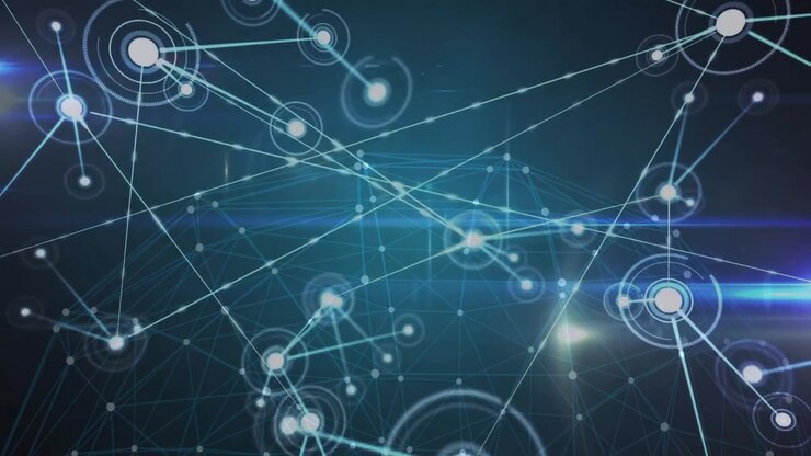 Pulsing node causing line sweeping from upper left, materializing nodes, emerging mesh network