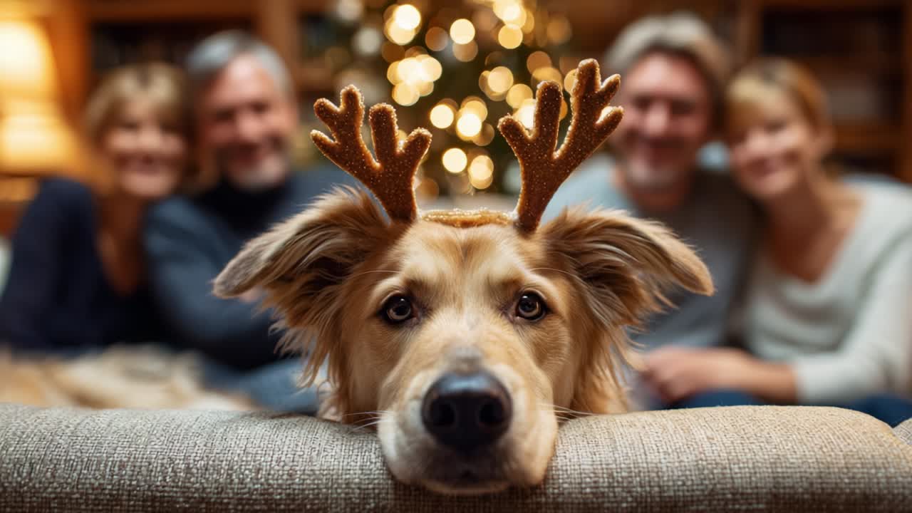 A Festive Golden Retriever with Reindeer Antlers Poses for a Heartwarming Holiday Portrait with Family, Capturing the Joy and Togetherness of Christmas Celebrations in a Cozy Home Environment