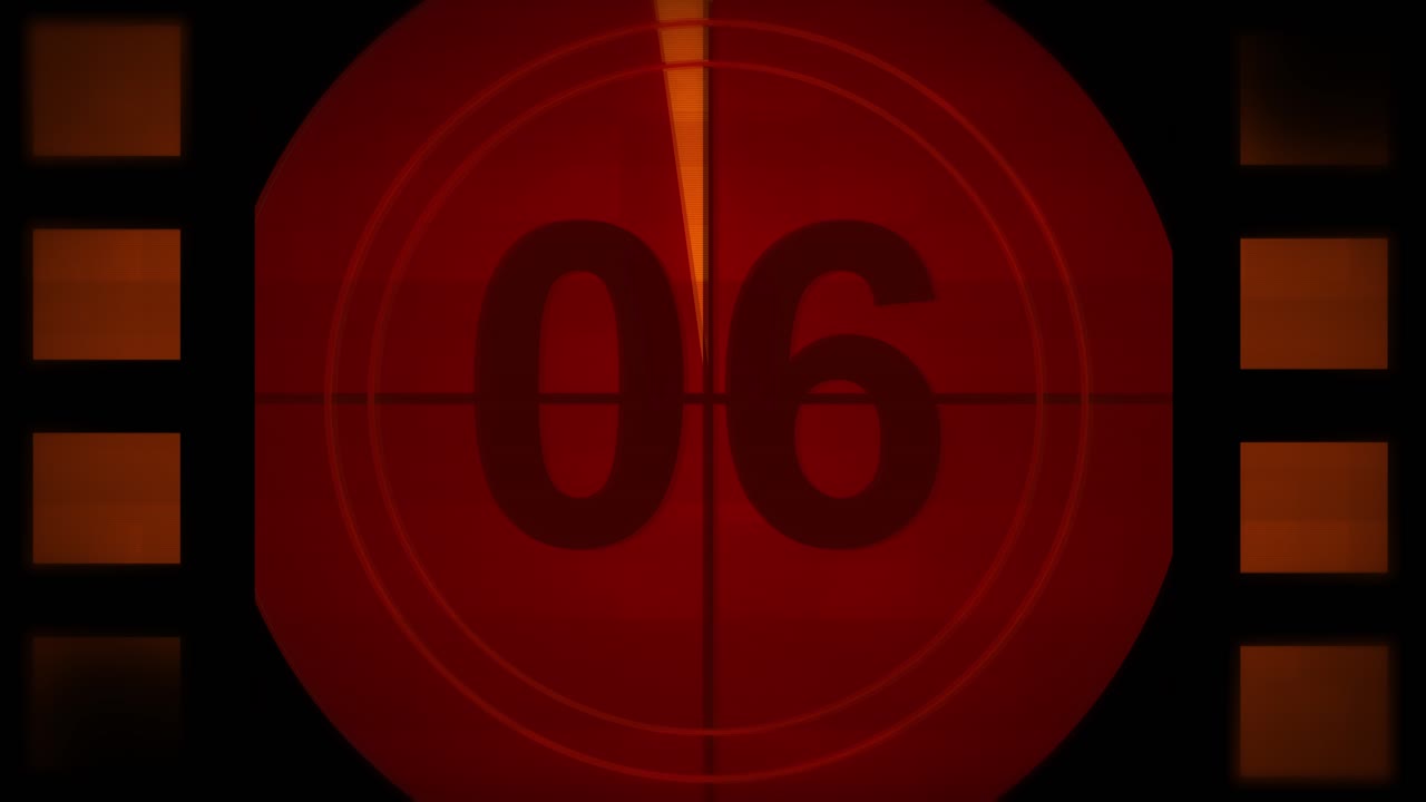 Red universal countdown leader film perforations or perfs countdown clock from 10 to 0 old film