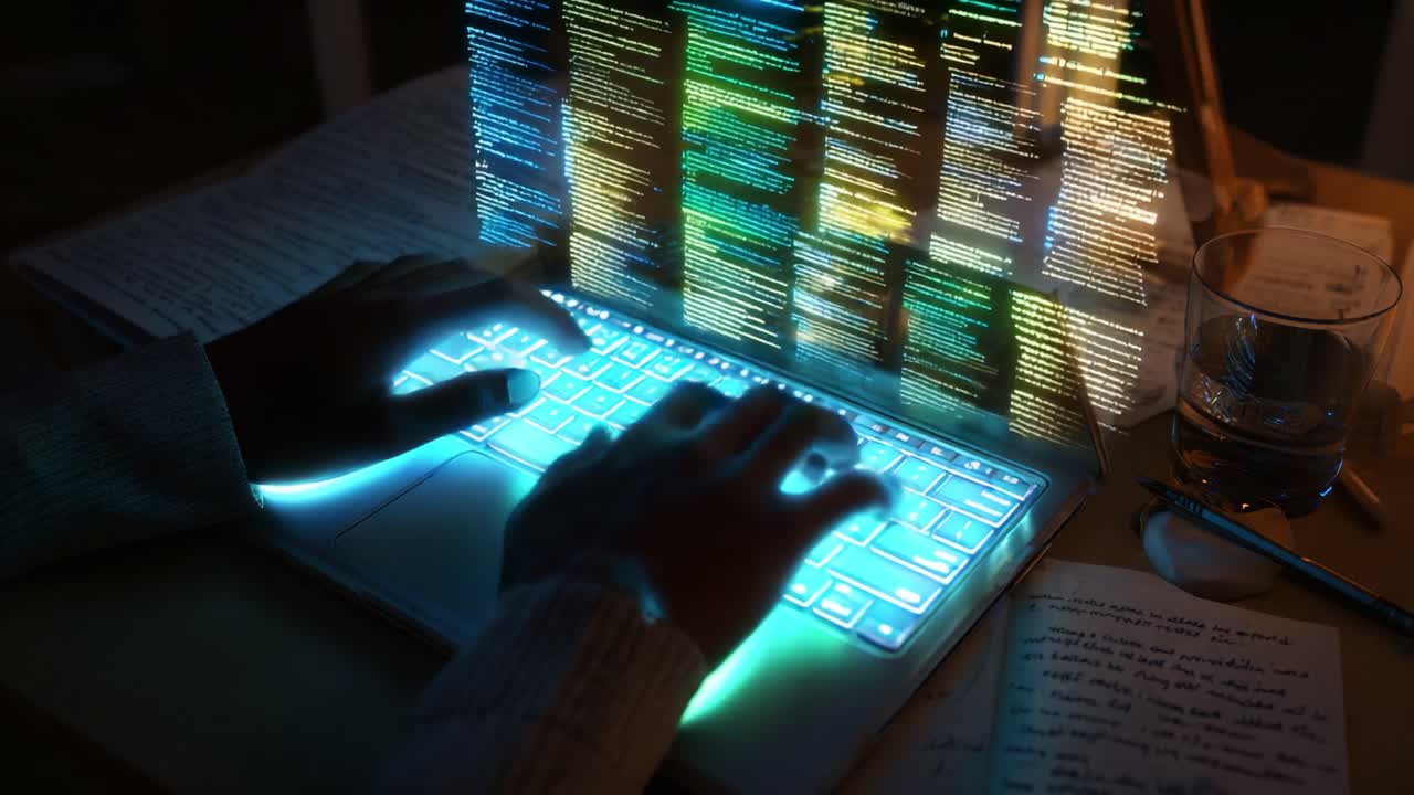 Engaging in Innovative Programming: A Close-up View of Hands Typing on a Futuristic Laptop with Dynamic Code Displaying in Vivid Colors Behind Them