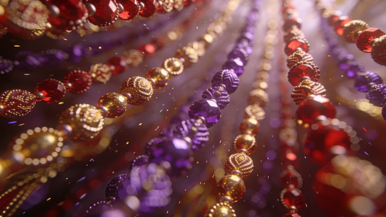 Telecamera in movimento che spinge perline che si spostano verso l'alto mostrando gemme rosso-viola-oro e pagliuzze per i dettagli in studio.