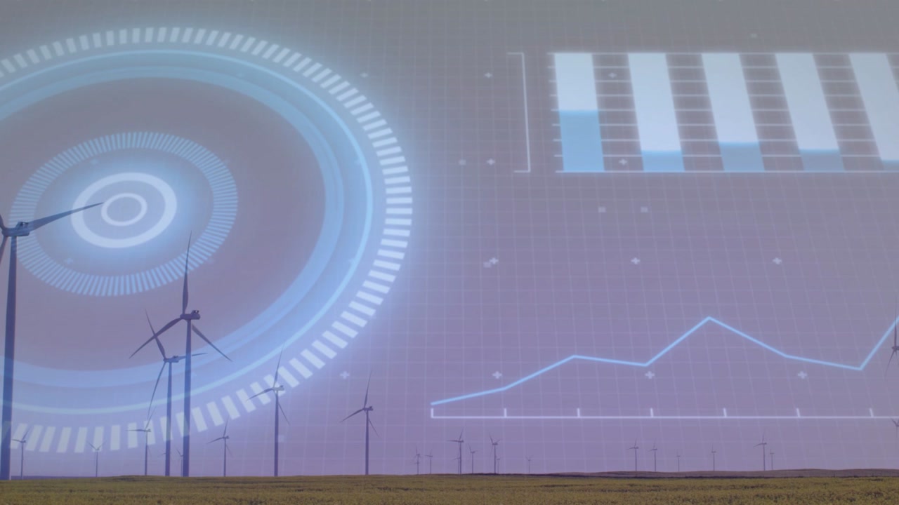 Holographic HUD pulsing, reacting to blade rotation, showing bar and line charts over wind farm