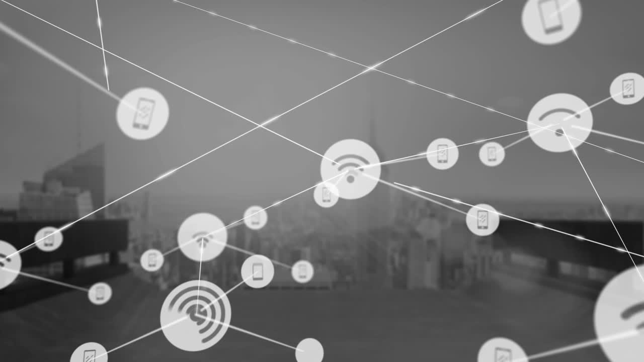 Animation af Wi-Fi- og telefonikoner forbundet med linjer over moderne skyskrabere mod en overskyet himmel