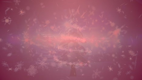 copos de nieve flotando sobre una estrella fugaz girando alrededor de un árbol de navidad sobre un fondo rojo