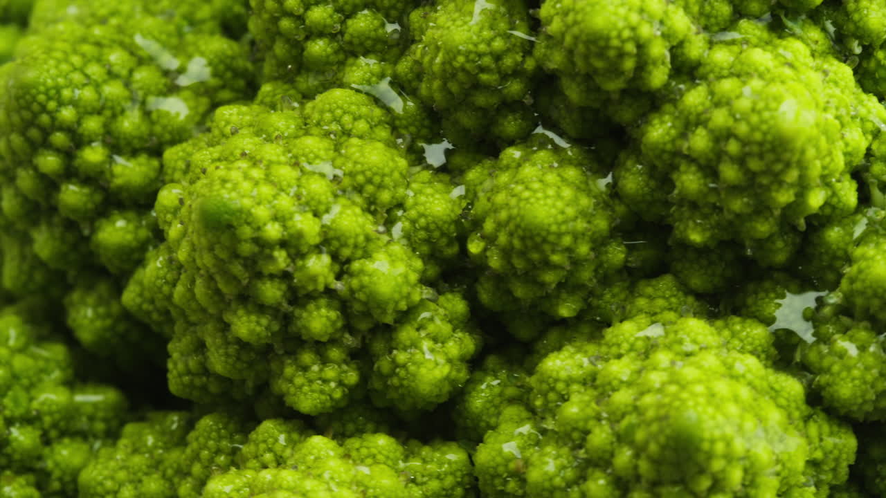 Primo piano di broccolo romanesco verde fresco con goccioline d'acqua