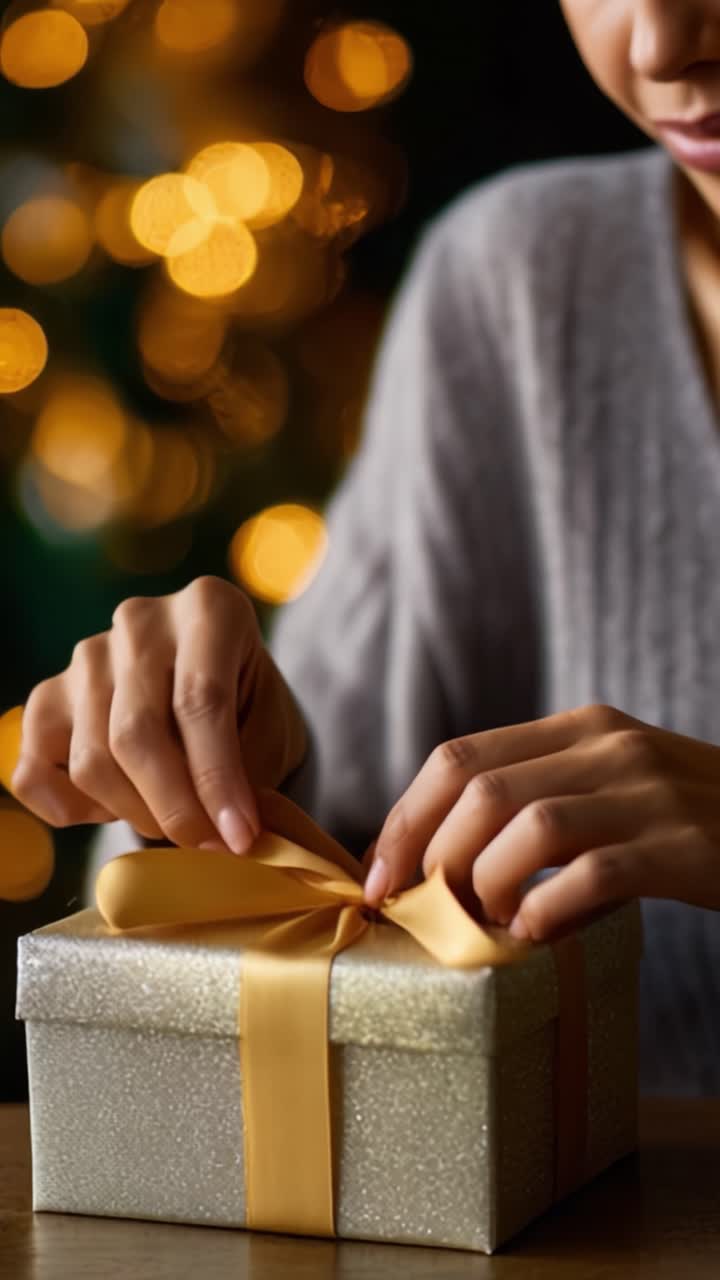 Deliziosi momenti di incartamento regali: un primo piano di mani che legano un bellissimo fiocco giallo su un regalo scintillante tra luci natalizie scintillanti.
