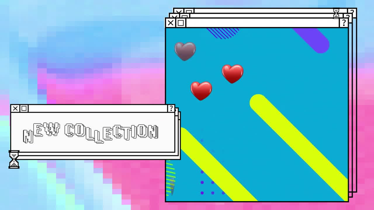 새로운 컬렉션 텍스트의 애니메이션 컴퓨터 화면과 활기찬 배경