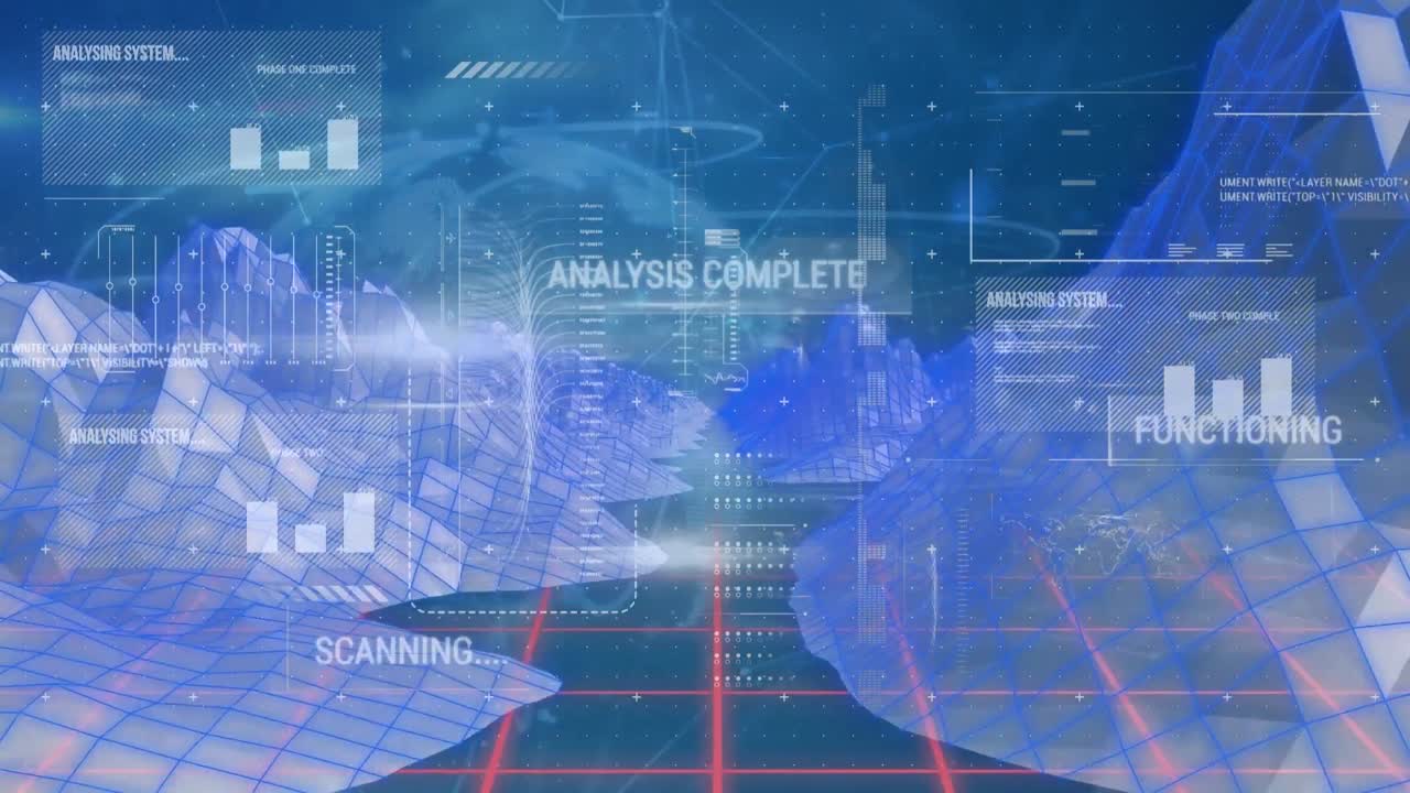 Animation of data processing and globe over digital mountains