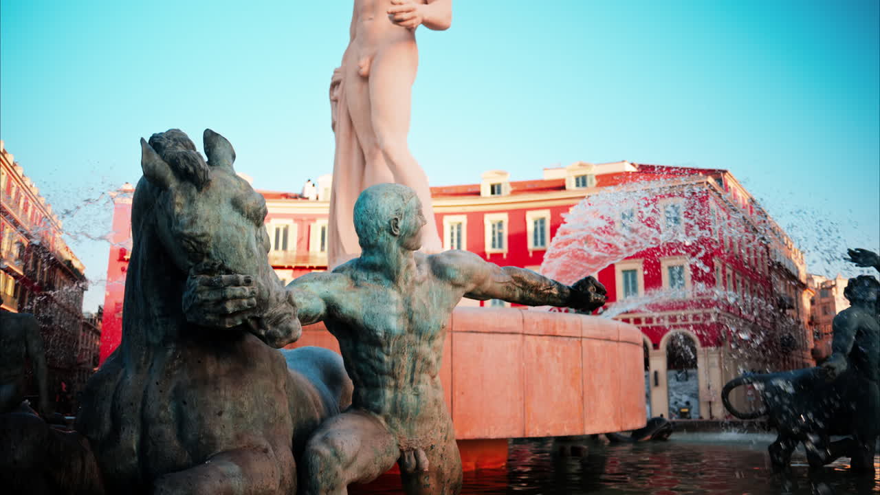 Nice, France - October 8, 2024: View of the Fontaine du Soleil at Place Massena in daylight
