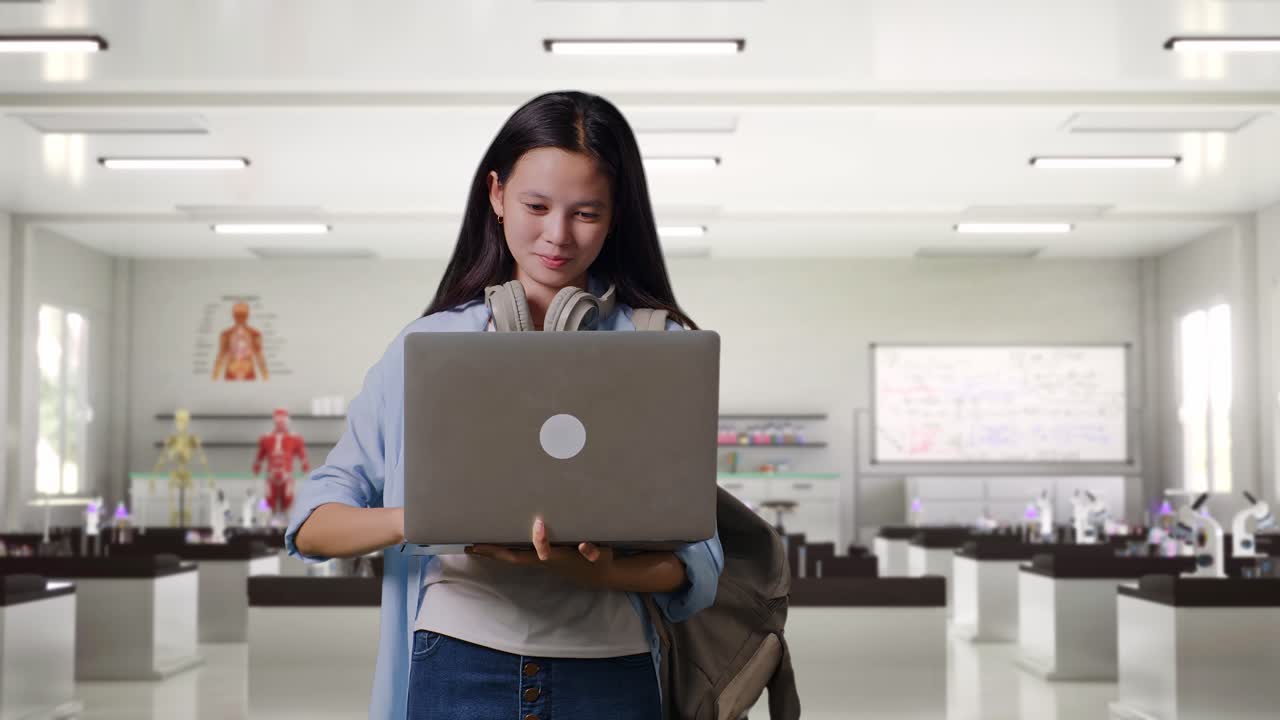 estudiante adolescente asiática con una mochila usar portátil y celebrar mientras está de pie en el laboratorio de ciencias