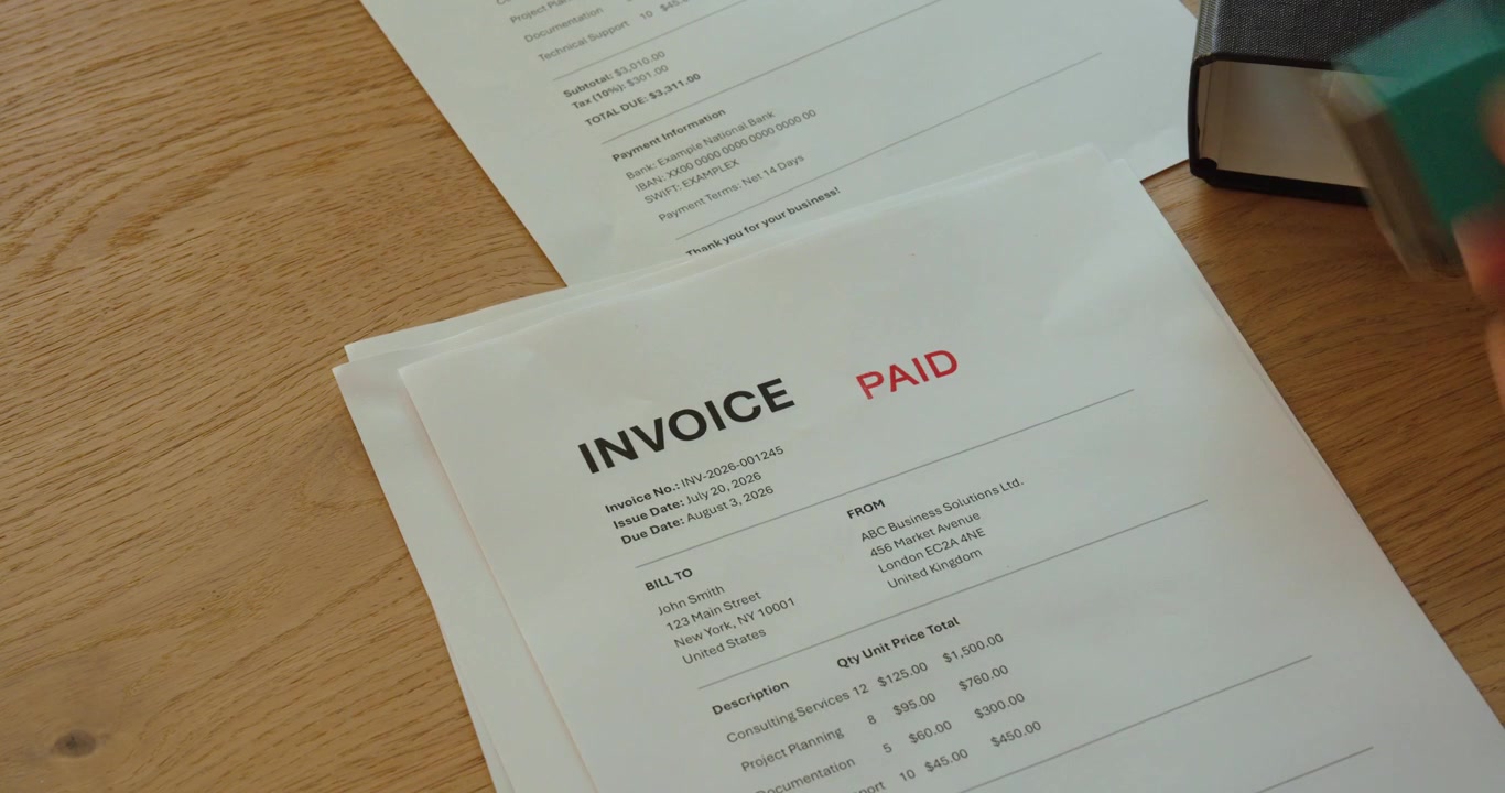 En person stempler fakturaer med et "BETALT"-stempel, efter at betaling er modtaget. Koncept for regnskab, bogføring, fakturabehandling og finansiel administration