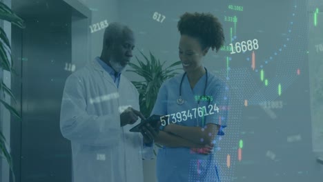 animation of numbers and data processing over diverse doctors using tablet