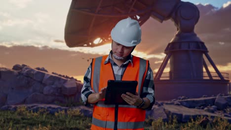 asian male engineer with safety helmet working on a tablet while standing with large satellite dish