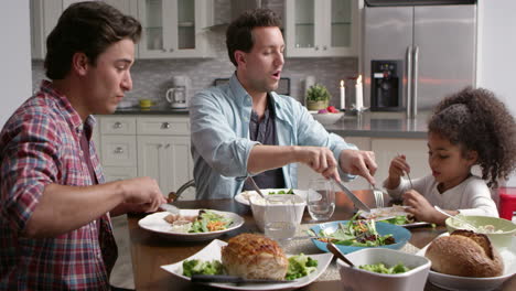 male couple and their black daughter dining in the kitchen, shot on r3d