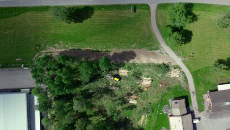 Machine-Collecting-Tree-at-Construction-Site,-Aerial-Top-Down