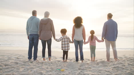 Family,-sunset-and-beach-with-back-view