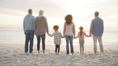 familia, puesta de sol y playa con vista hacia atrás