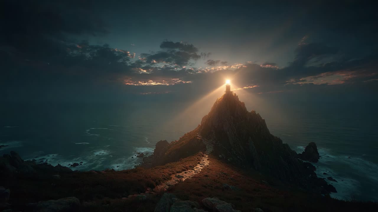 A Majestic Sunrise Illuminates a Rocky Seascape, Casting Radiant Light on the Towering Cliffside Lighthouse Surrounded by Ocean Waves and Dramatic Clouds