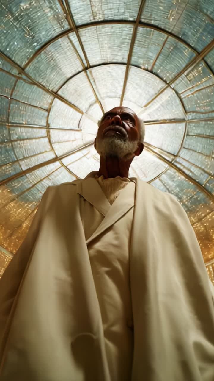 A Serene Elder Gazing Upwards Beneath a Radiant Dome, Illuminated by Textured Glass, Evoking Tranquility, Wisdom, and Contemplative Reflection on Life's Journey