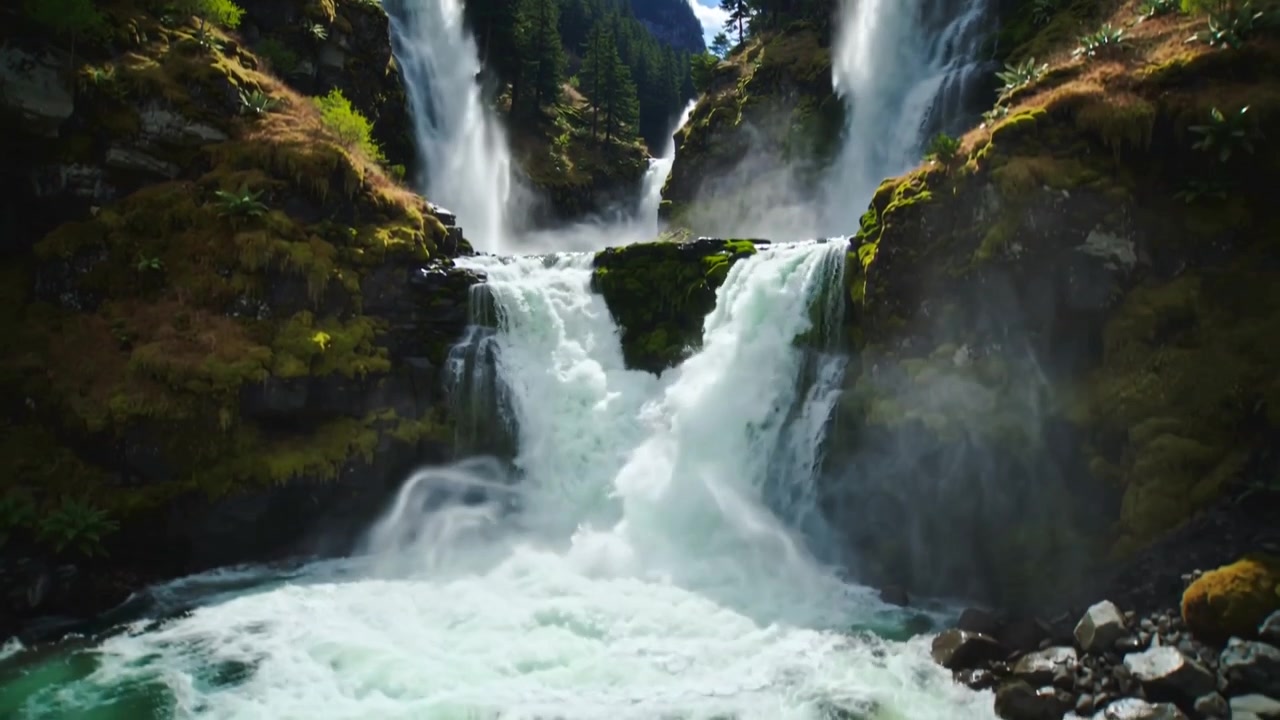 Descending drone focusing on lower-split fall while tiered falls plunging into pool in forest gorge