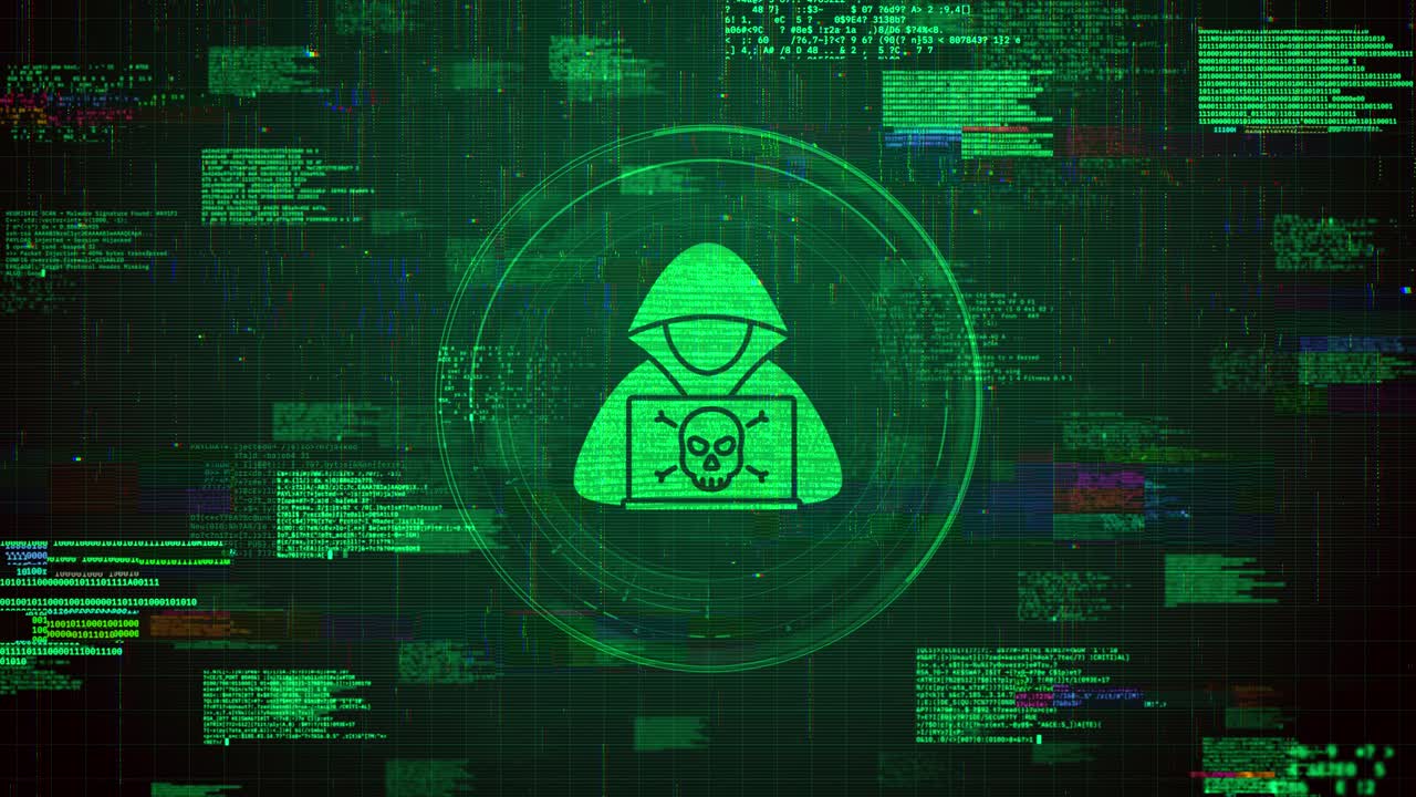 Futuristisk Anonymt Hacker-ikon Over Grøn Hacking Glitch Animationsbaggrund