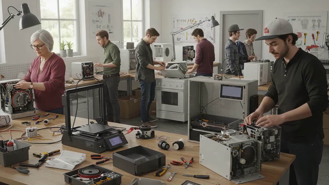 A Collaborative Workshop Setting Where Individuals Engage in Electronics Repair, Assembly, and Innovation with Various Tools and Technology in a Cozy Environment