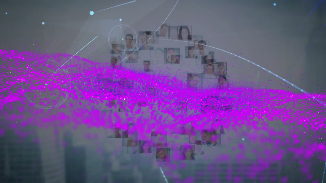 Digital network connections and data processing animation over diverse portraits