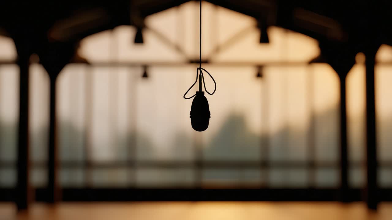 A Silent Microphone Hangs in Ethereal Light, Casting Shadows in an Empty Space with a Warm Glow and Inviting Ambiance, Ready for the Sounds to Emerge