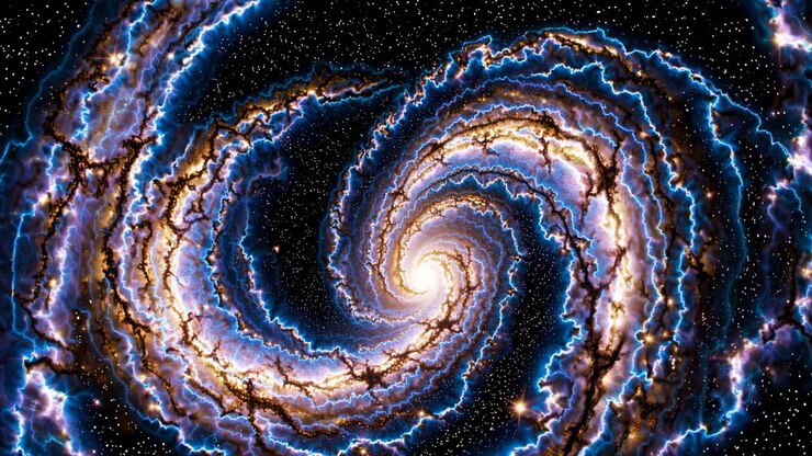 Galassia a spirale con motivi elettrici, angolo dall'alto, concept video cosmico