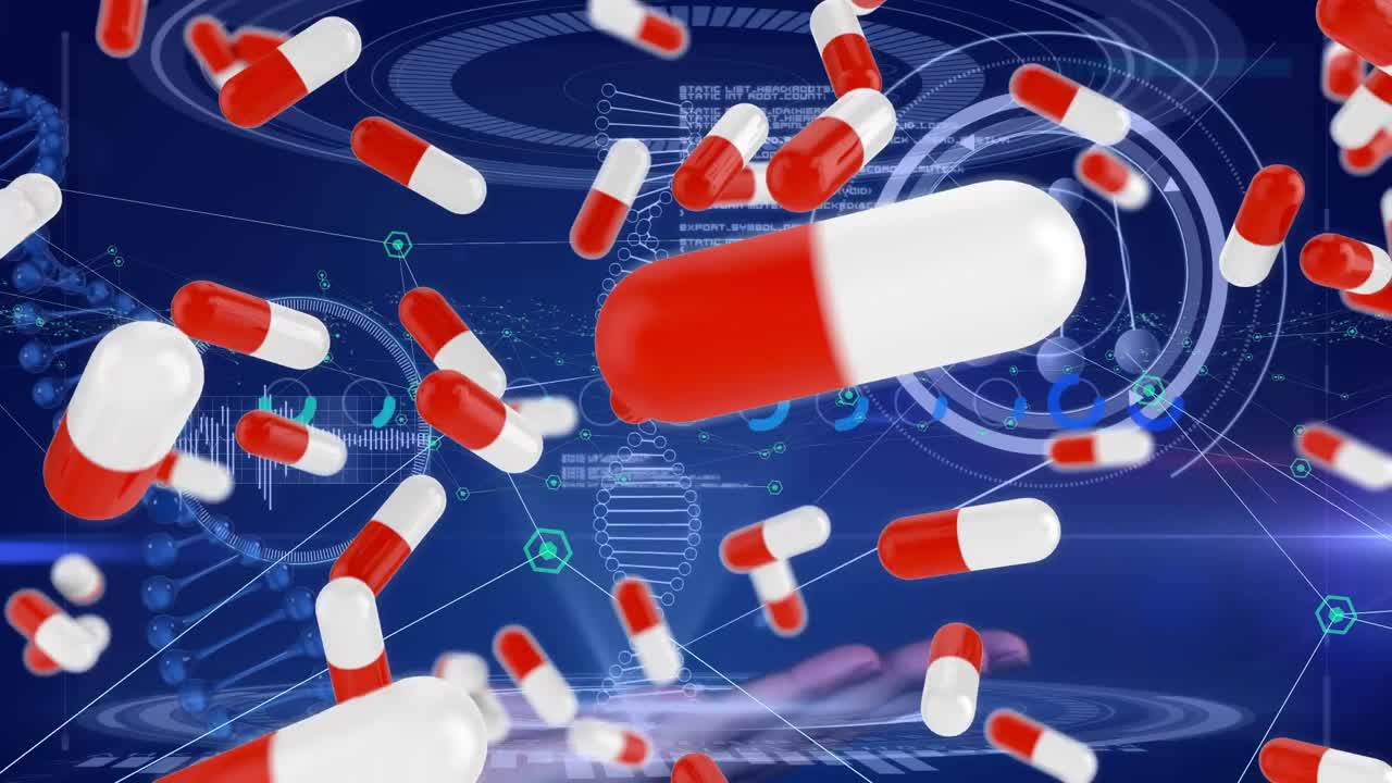 파란색 배경에 있는 알약, dna 및 과학 데이터의 애니메이션
