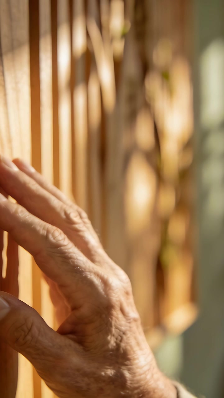 Vertical video: Sun urging senior right hand pressing and sliding along slats at window, copy space