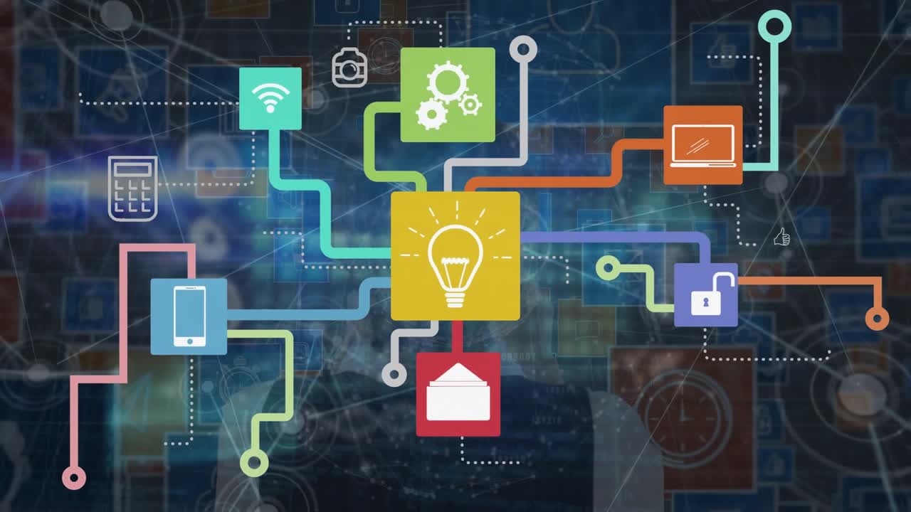 Animation of network of connections with icons over data processing
