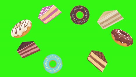 donuts y grupo de pasteles animación de dibujos animados en pantalla verde tecla de croma