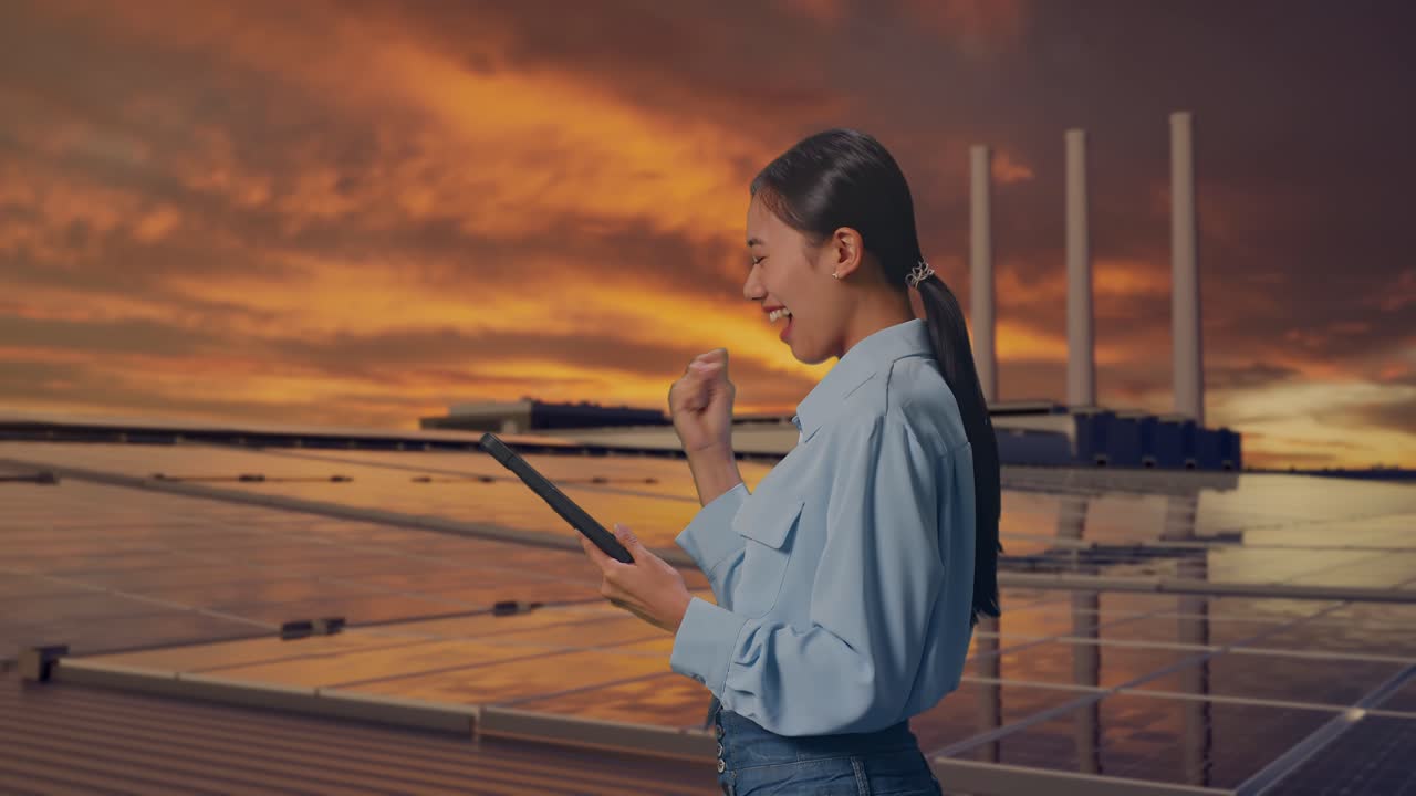 Donna asiatica di profilo con il suo tablet, che ispeziona pannelli solari su un tetto al tramonto. Alza il pugno urlando "Goal!" dopo aver controllato sul tablet.